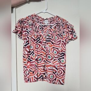 Maeve Multicolor Geo-Print Short Sleeve Peasant Top
